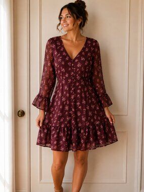 Band of Gypsies Plum Floral Button-Front Mini Dress